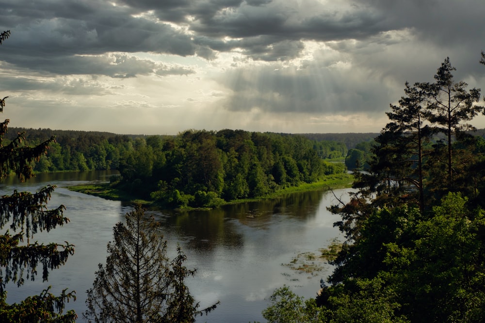 a river surrounded by trees under a cloudy sky
