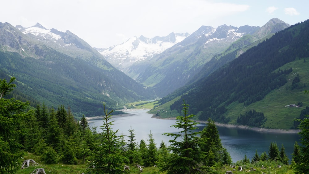 a view of a mountain valley with a lake in the middle