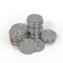 A collection of silver-colored coins stacked in piles, each coin bearing a Bitcoin symbol. The coins are arranged on a white surface, creating a reflective and metallic effect.
