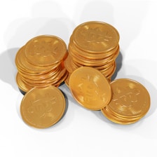 A collection of golden coins stacked on each other, each featuring the Bitcoin symbol prominently engraved on their surface. The arrangement creates a sense of abundance and currency.