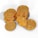 A collection of golden coins stacked on each other, each featuring the Bitcoin symbol prominently engraved on their surface. The arrangement creates a sense of abundance and currency.