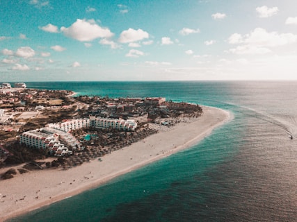 a bird's eye view of a beach and resort
