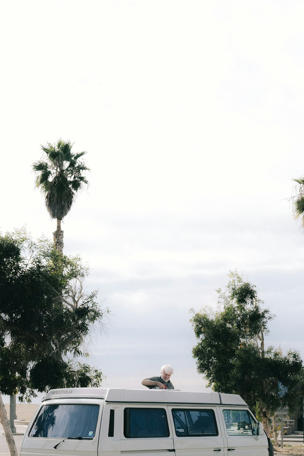 a man sitting on top of a white van