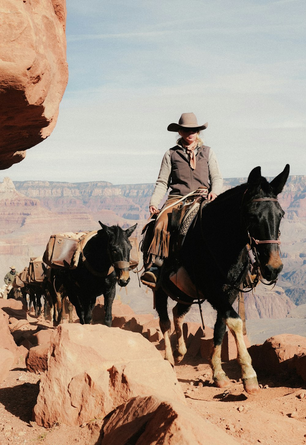 Un homme monté sur le dos d’un cheval noir