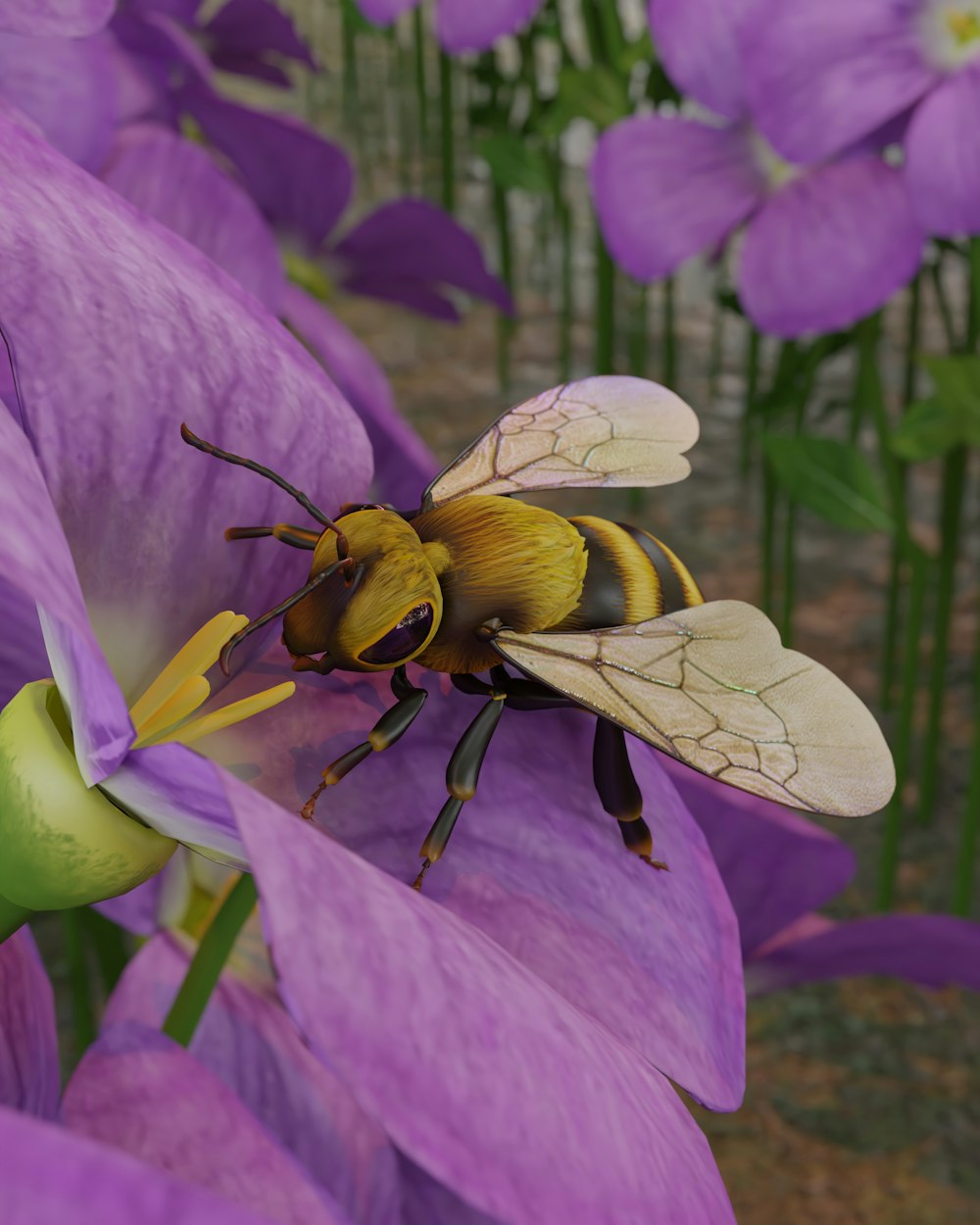 a bee sitting on top of a purple flower