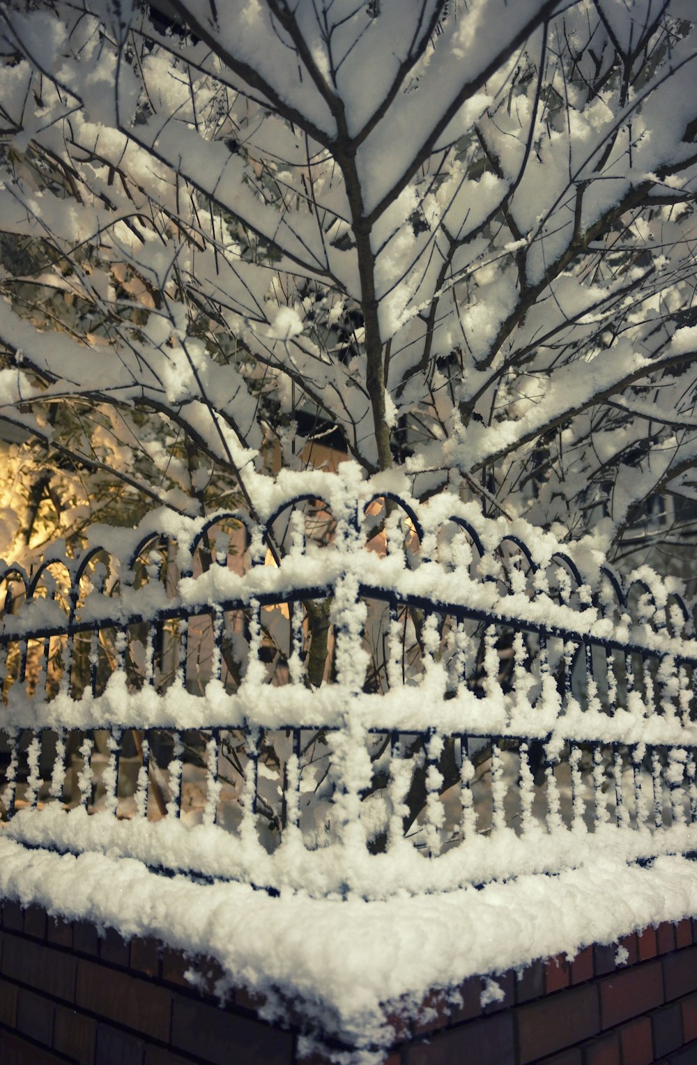 a fence covered in snow next to a tree