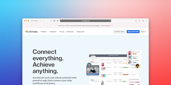 A web browser window displaying the Airtable website with navigation options such as Product, Solutions, Pricing, and more. The main content promotes a message to 'Connect everything. Achieve anything.' Below is a visual representation of a digital workspace with photos, charts, and various task panels. The background features a color gradient from blue to red.
