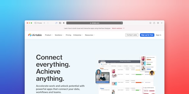 A web browser window displaying the Airtable website with navigation options such as Product, Solutions, Pricing, and more. The main content promotes a message to 'Connect everything. Achieve anything.' Below is a visual representation of a digital workspace with photos, charts, and various task panels. The background features a color gradient from blue to red.