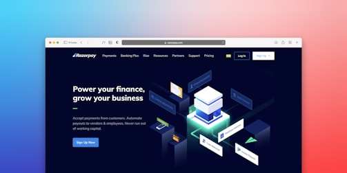 A web page from Razorpay displaying marketing content about financial services. The page includes a 3D illustration of a cube surrounded by floating labels with financial terms like 'Virtual Account' and 'Vendor Payouts'. The text encourages business growth through automated financial solutions. Navigation links for various services are visible at the top.
