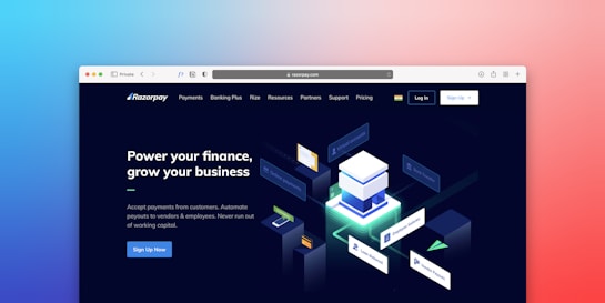 A web page from Razorpay displaying marketing content about financial services. The page includes a 3D illustration of a cube surrounded by floating labels with financial terms like 'Virtual Account' and 'Vendor Payouts'. The text encourages business growth through automated financial solutions. Navigation links for various services are visible at the top.