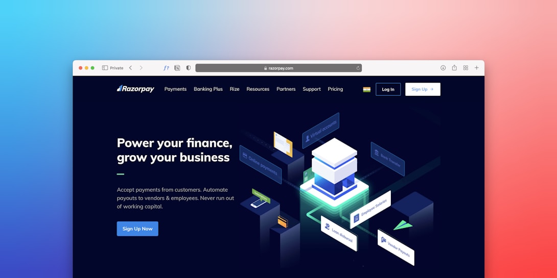A web page from Razorpay displaying marketing content about financial services. The page includes a 3D illustration of a cube surrounded by floating labels with financial terms like 'Virtual Account' and 'Vendor Payouts'. The text encourages business growth through automated financial solutions. Navigation links for various services are visible at the top.