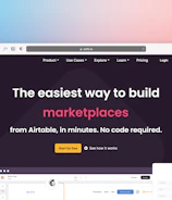 A web browser window displaying a website homepage with text promoting easy marketplace creation using Airtable without coding. The design includes a dark background, bright accent colors, and a gradient border. There is a navigation menu with options like Product, Use Cases, Explore, and others. A call-to-action button labeled 'Start for free' is featured prominently.