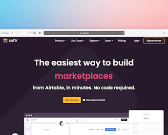A web browser window displaying a website homepage with text promoting easy marketplace creation using Airtable without coding. The design includes a dark background, bright accent colors, and a gradient border. There is a navigation menu with options like Product, Use Cases, Explore, and others. A call-to-action button labeled 'Start for free' is featured prominently.