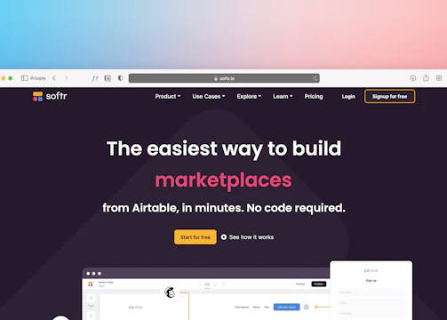 A web browser window displaying a website homepage with text promoting easy marketplace creation using Airtable without coding. The design includes a dark background, bright accent colors, and a gradient border. There is a navigation menu with options like Product, Use Cases, Explore, and others. A call-to-action button labeled 'Start for free' is featured prominently.