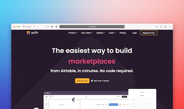A web browser window displaying a website homepage with text promoting easy marketplace creation using Airtable without coding. The design includes a dark background, bright accent colors, and a gradient border. There is a navigation menu with options like Product, Use Cases, Explore, and others. A call-to-action button labeled 'Start for free' is featured prominently.