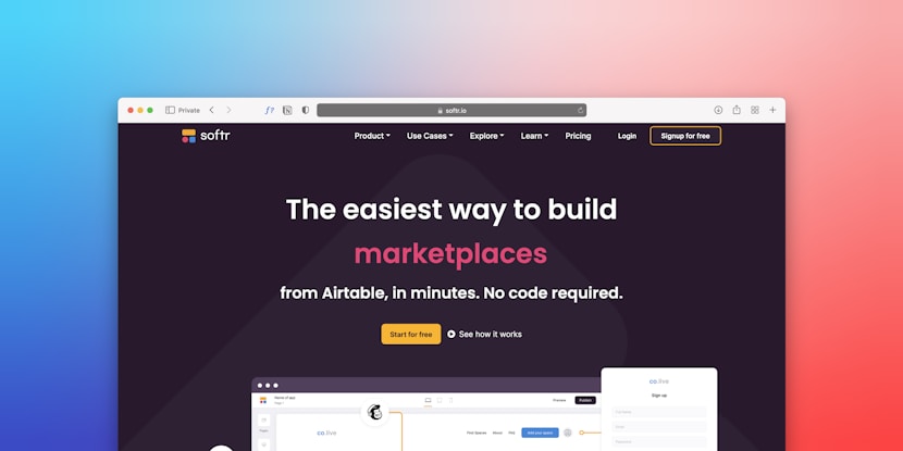 A web browser window displaying a website homepage with text promoting easy marketplace creation using Airtable without coding. The design includes a dark background, bright accent colors, and a gradient border. There is a navigation menu with options like Product, Use Cases, Explore, and others. A call-to-action button labeled 'Start for free' is featured prominently.
