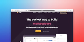 A web browser window displaying a website homepage with text promoting easy marketplace creation using Airtable without coding. The design includes a dark background, bright accent colors, and a gradient border. There is a navigation menu with options like Product, Use Cases, Explore, and others. A call-to-action button labeled 'Start for free' is featured prominently.