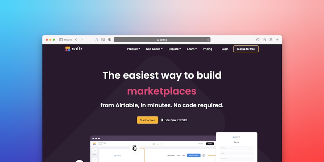 A web browser window displaying a website homepage with text promoting easy marketplace creation using Airtable without coding. The design includes a dark background, bright accent colors, and a gradient border. There is a navigation menu with options like Product, Use Cases, Explore, and others. A call-to-action button labeled 'Start for free' is featured prominently.