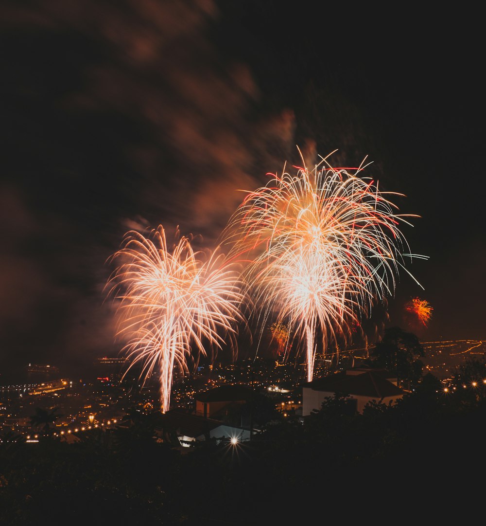 Des feux d’artifice sont allumés dans le ciel nocturne au-dessus d’une ville