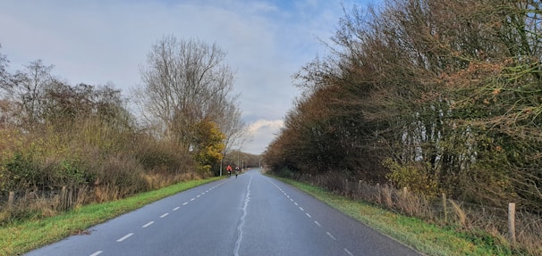 Support vehicle following two cyclists on a long road with autumn trees lining the route.