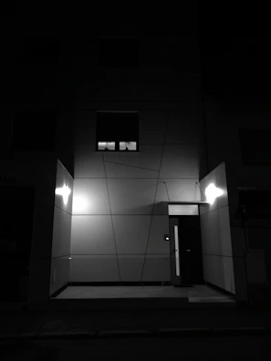 Evening shot of a well-lit facade highlighting minimalist design.