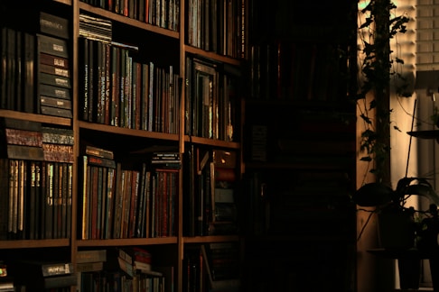 a bookshelf filled with lots of books next to a window