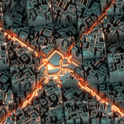 A complex 3D rendering resembling an abstract cityscape with intricate geometric patterns. The scene is illuminated by glowing orange lines that create a striking contrast with the dark teal structures. The patterns form a grid-like arrangement, suggesting a futuristic or cybernetic environment.