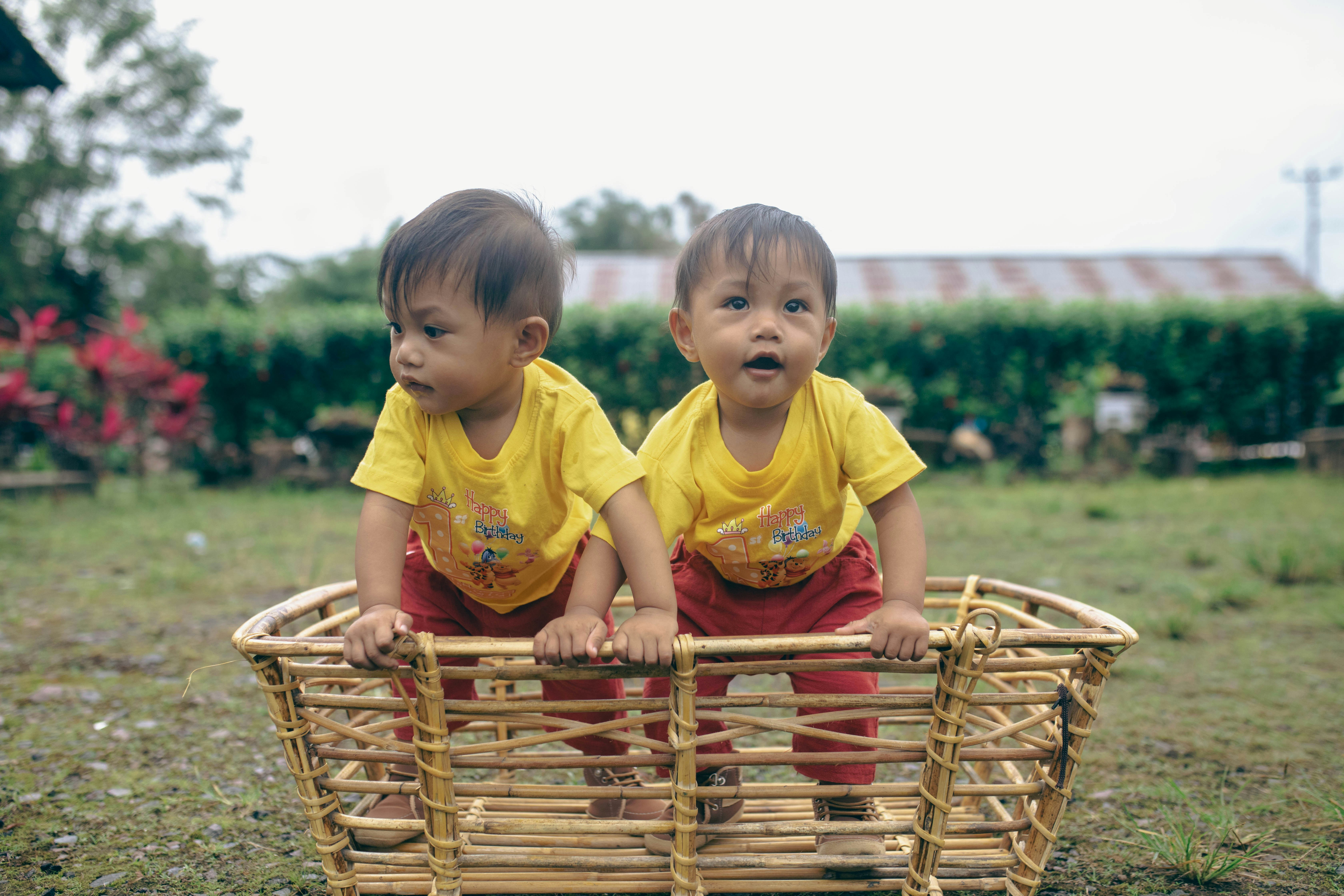 two small children sitting in a basket in the grass