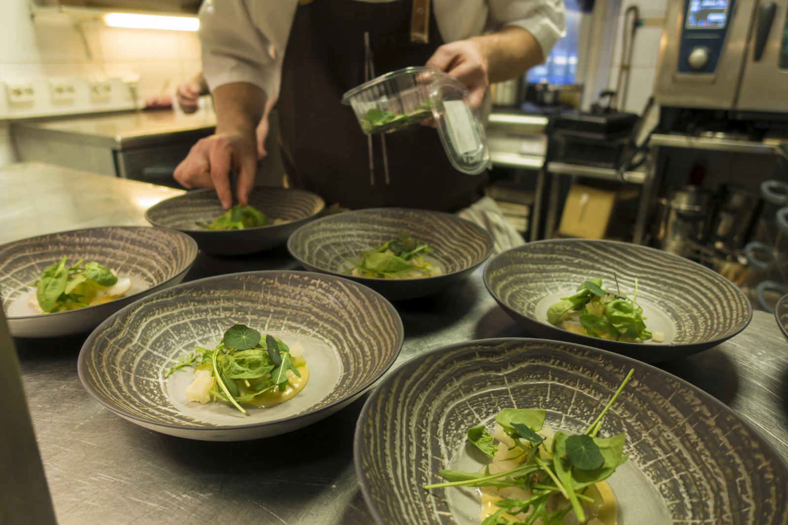 Chef plating dishes in a restaurant kitchen