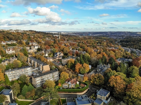 an aerial view of a city surrounded by trees