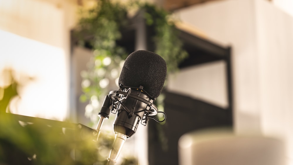 a close up of a microphone on a table