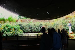 Several people stand indoors observing a large, curved digital screen displaying a vivid outdoor landscape with greenery and a person in traditional attire. The interior is dimly lit, contrasting with the bright scene outside.