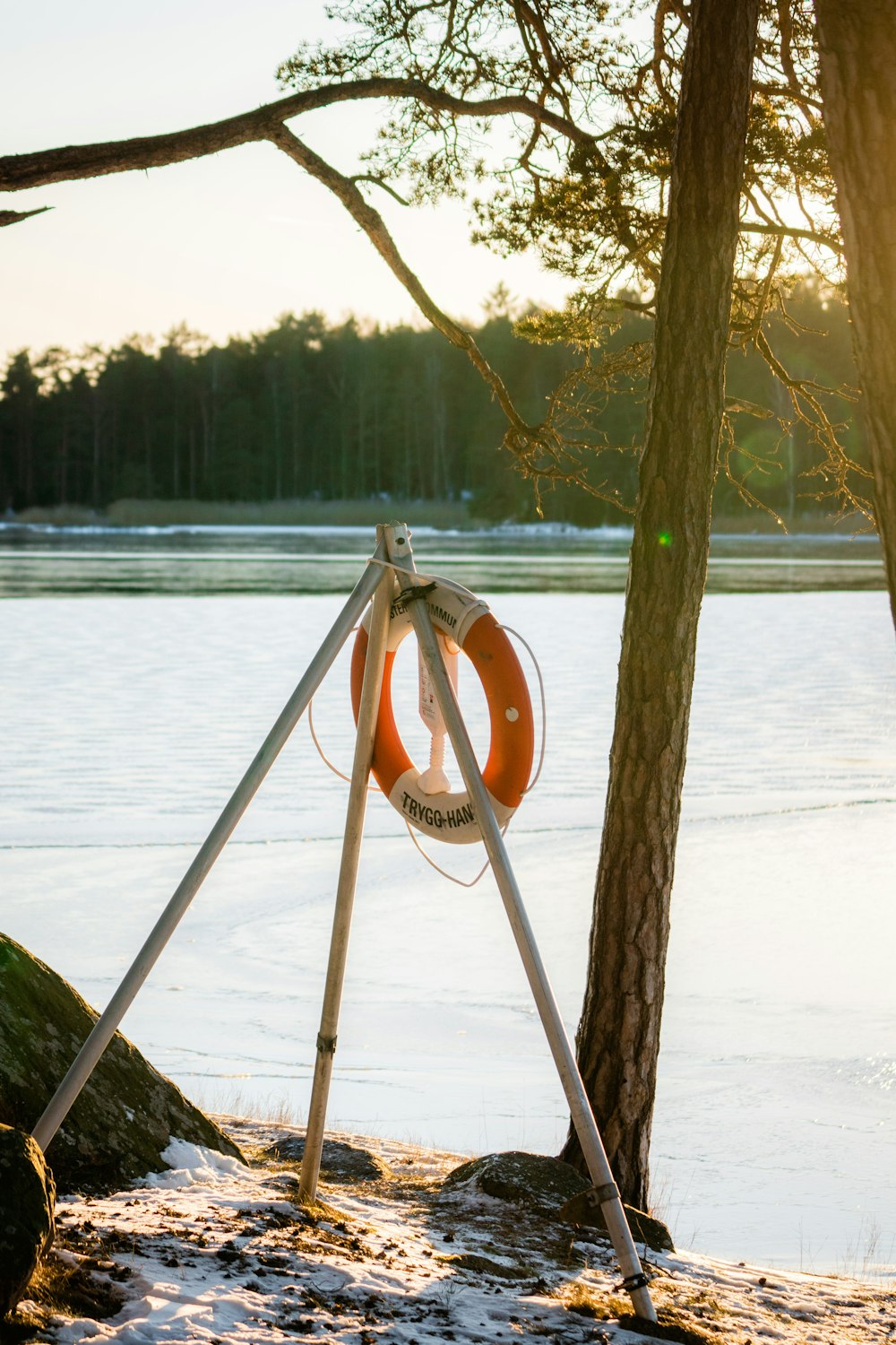 a life preserver on the shore of a lake