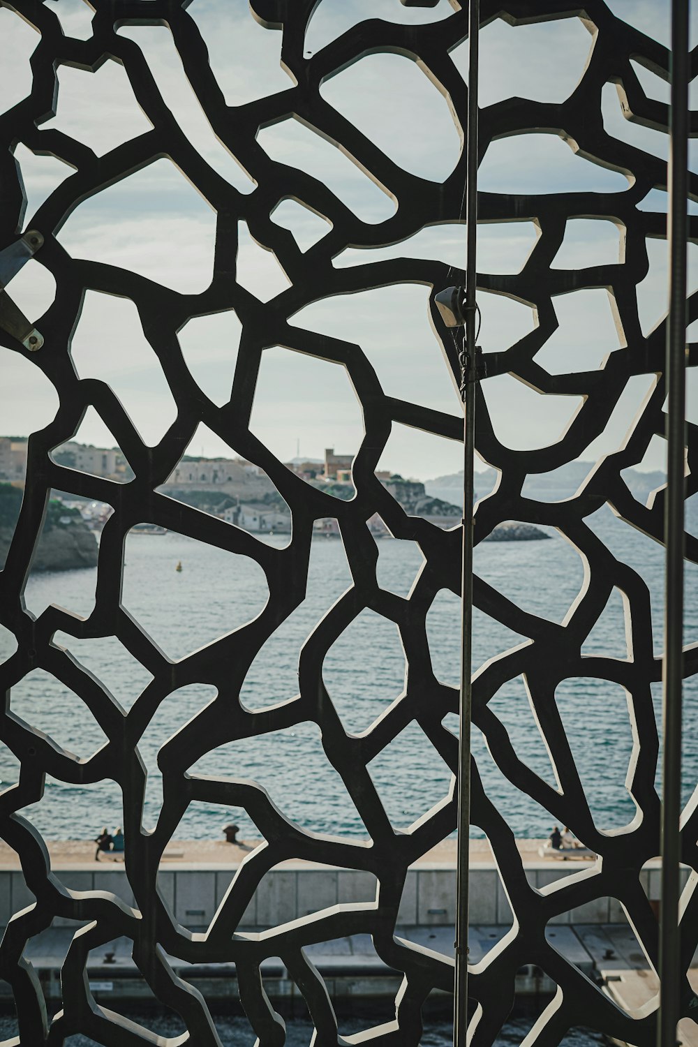 a view of a body of water through a metal screen