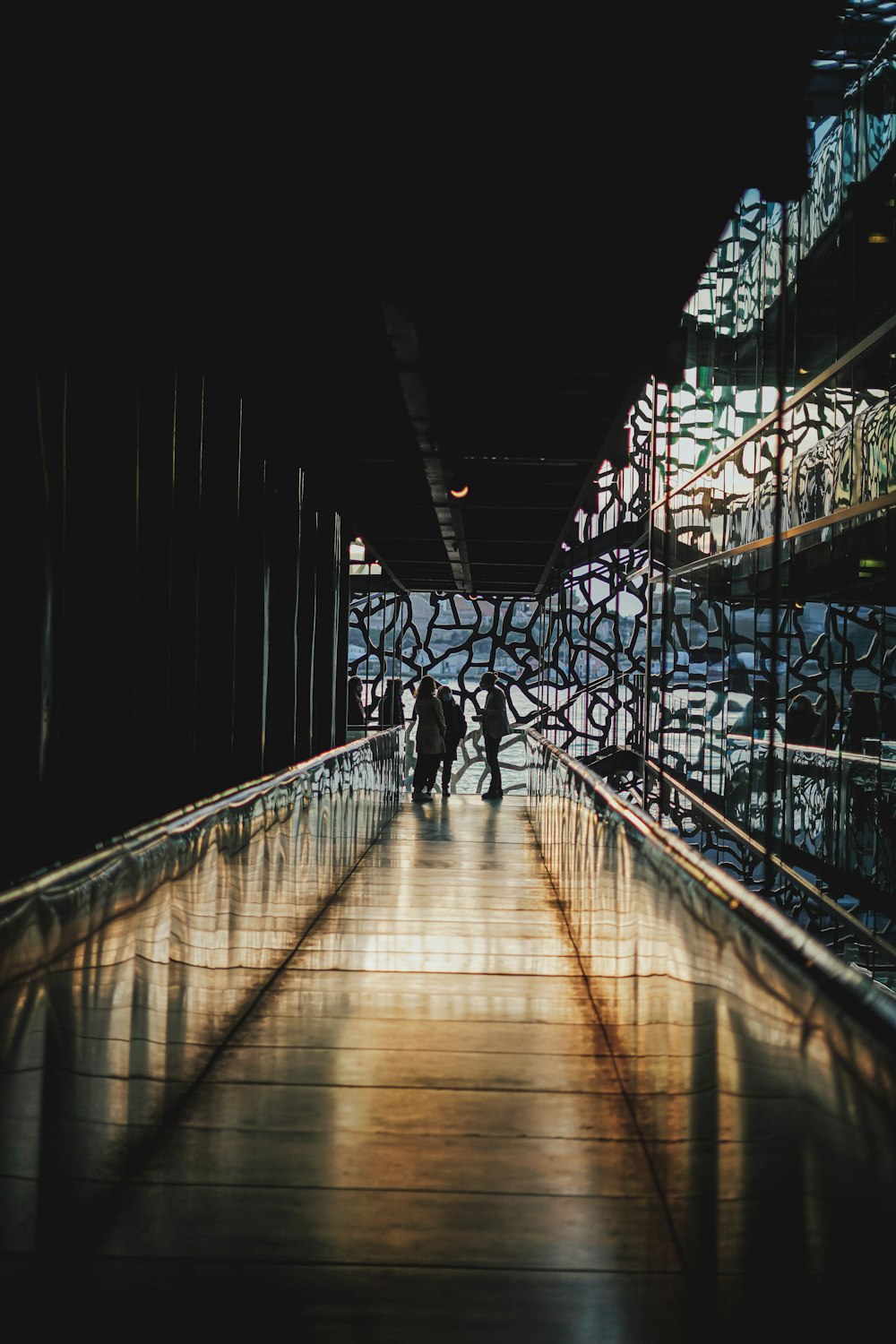 a couple of people walking across a bridge