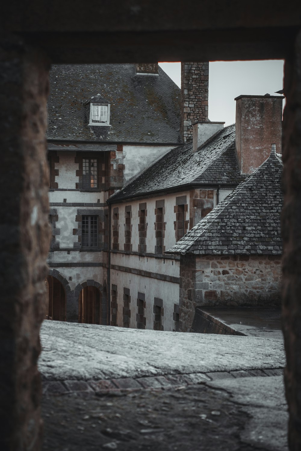 a view of a building through a window