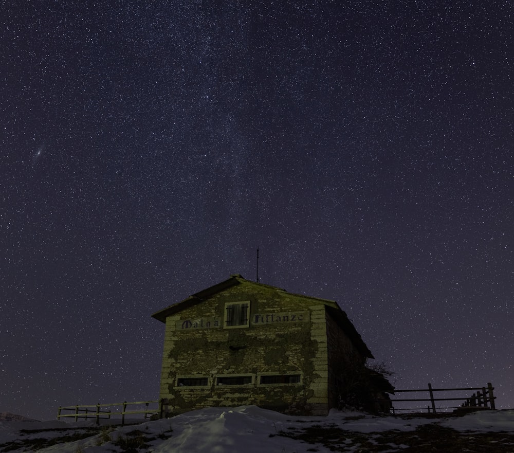 a small building sitting on top of a snow covered hill