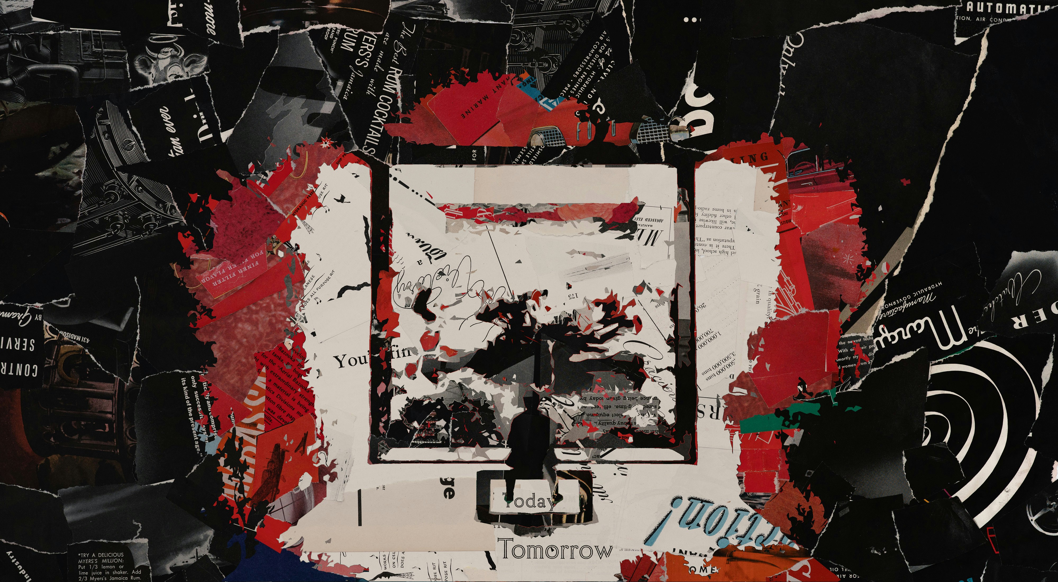 a collage of black, red, and white images