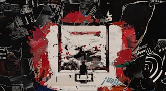 A complex collage featuring torn pieces of paper with text, varying colors such as red, black, and white dominate. The words 'Today' and 'Tomorrow' are partially visible, with abstract shapes and textures giving a chaotic feel. Mixed media elements, possibly including printed advertisements, create a layered effect.