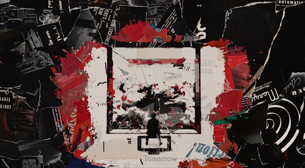 A complex collage featuring torn pieces of paper with text, varying colors such as red, black, and white dominate. The words 'Today' and 'Tomorrow' are partially visible, with abstract shapes and textures giving a chaotic feel. Mixed media elements, possibly including printed advertisements, create a layered effect.