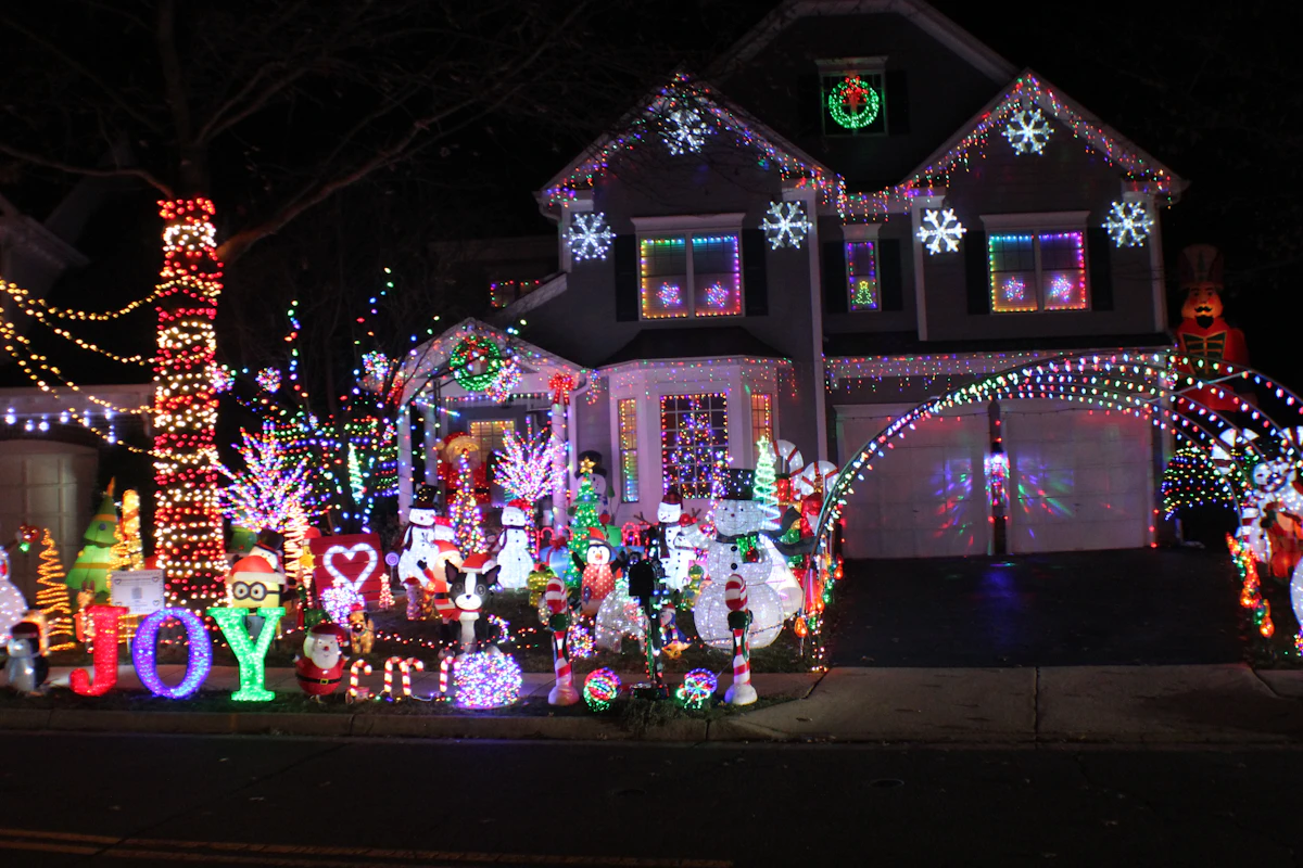 House decorated with festive holiday lights and decorations