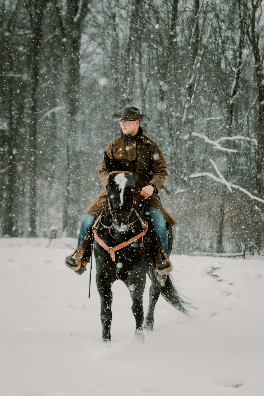 a man riding on the back of a horse in the snow