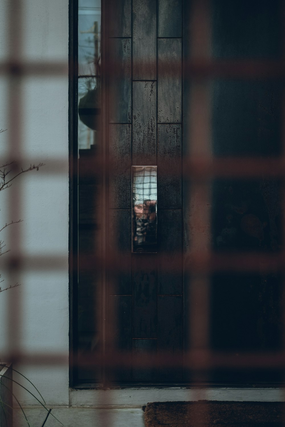 a reflection of a person in a mirror on a door