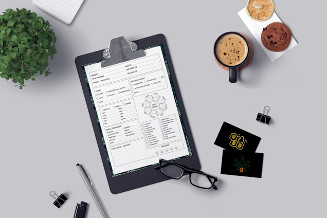 A flatlay composition on a gray surface features a clipboard holding a detailed printed form, surrounded by a small plant, a pen, a pair of black glasses, a mug of coffee, a plate with a cookie and dried citrus slice, and two black business cards with cannabis-related designs. A black binder clip and lined notepad are also visible.