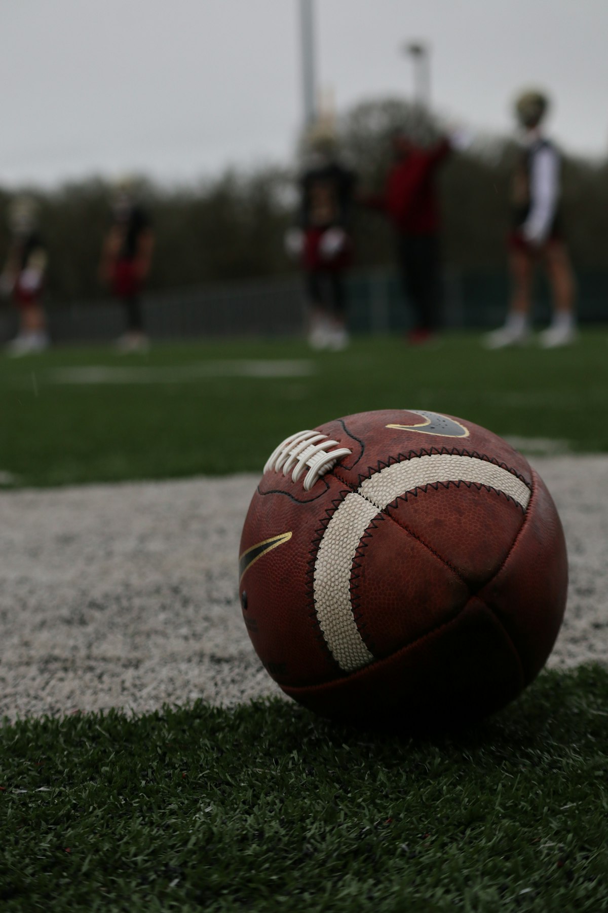 An American football resting on a lush green field