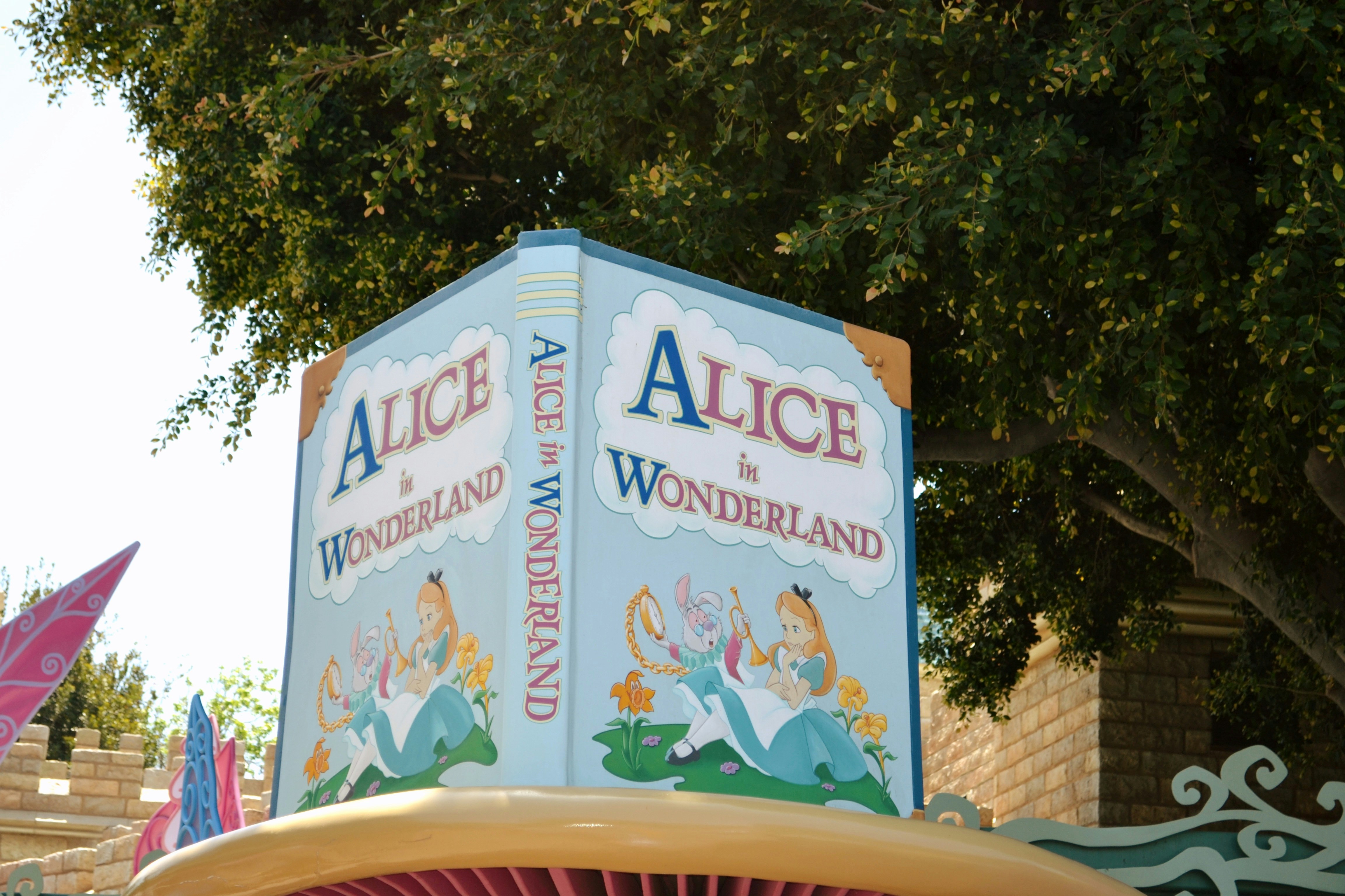 a sign for alice and the wonderland land in front of a tree, 