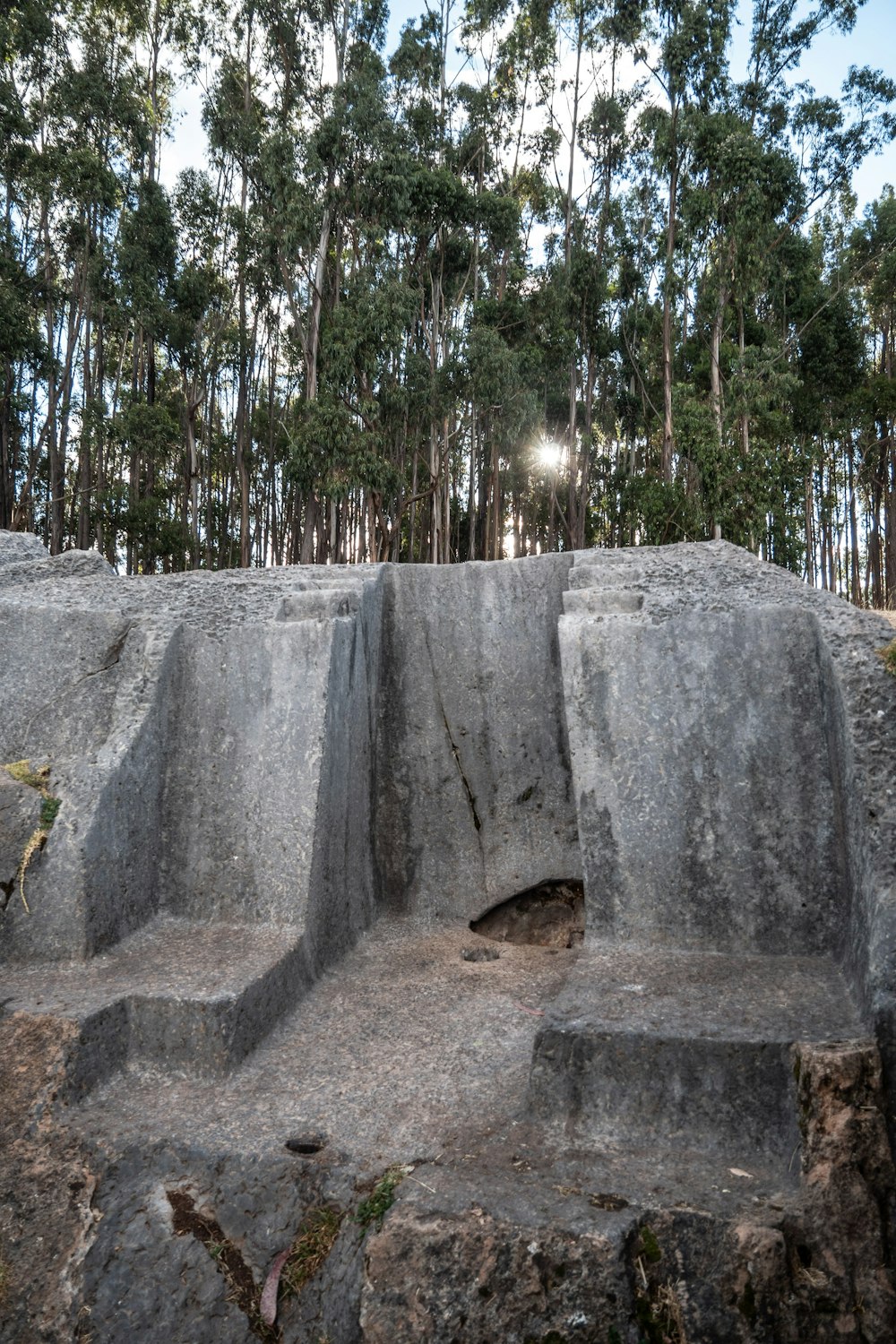 a large rock formation with trees in the background