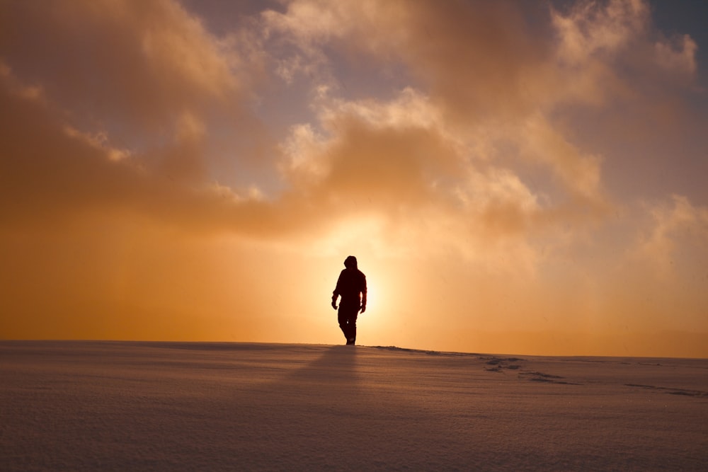 雪に覆われた野原を横切って歩く人