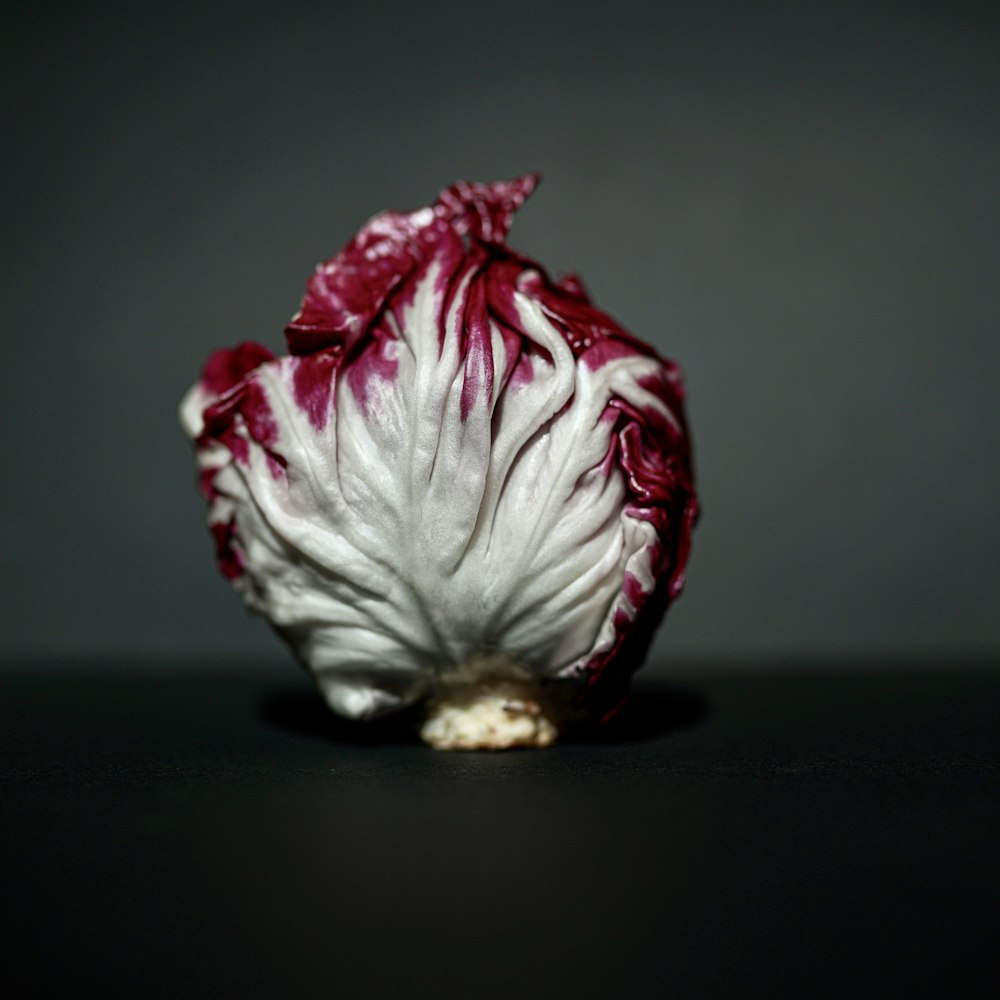 a red and white cabbage sitting on top of a table