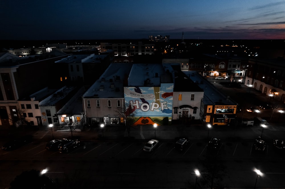 an aerial view of a city at night